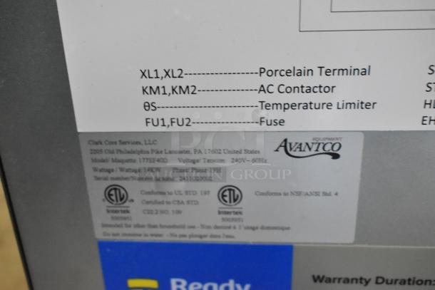 Avantco 177EF40D deep fryer label; shows model, 240V/1PH power details, ETL certification, and company information.