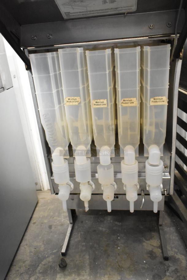 Bunn IMIX-5 stainless steel cappuccino machine, 5 clear hoppers with "Minimum Product Line" labels, commercial use.