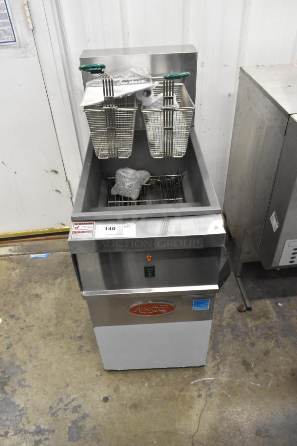 Brand new Avantco 177EF40D stainless steel electric fryer, two metal baskets, 240V, scratch and dent condition.