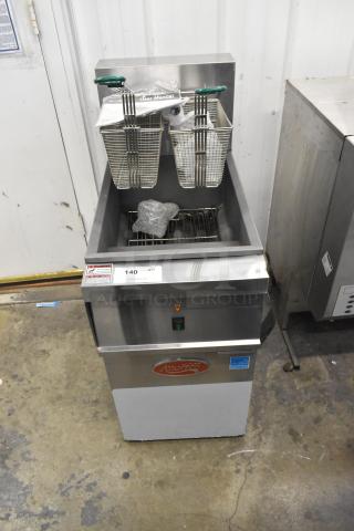 BRAND NEW SCRATCH AND DENT! 2024 Avantco 177EF40D Stainless Steel Commercial Floor Style Electric Powered Deep Fat Fryer w/ 2 Metal Fry Baskets. 240 Volts, 1 Phase. - Item #1214112