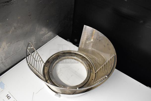 Metal bowl guard for mixer, stainless steel with wire design, circular opening, and durable construction. Ideal for protection.