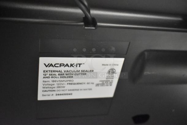 VacPak-It 186VSM12PRO vacuum sealer label, showing model, 12" seal bar, 120V power, and safety instructions.
