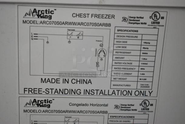 Arctic King ARC070S0ARWW chest freezer label, showing specifications: 115V, 1 phase, R600A refrigerant, 66.1 lbs net weight. Made in China.