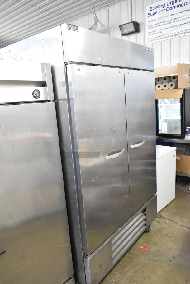 Beverage Air HBF49-1 stainless steel 2-door commercial freezer with poly coated racks, on casters. 115V, 1 Phase.