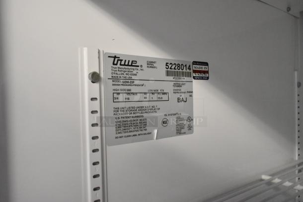 True GDM-23F freezer merchandiser label showing model, serial number, and specifications. Includes NSF and Made in USA marks.