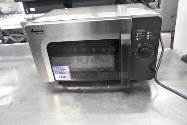 IN ORIGINAL BOX! Amana RMS10DSA stainless steel commercial countertop microwave. 120 volts, 1 phase, new condition. USA label.