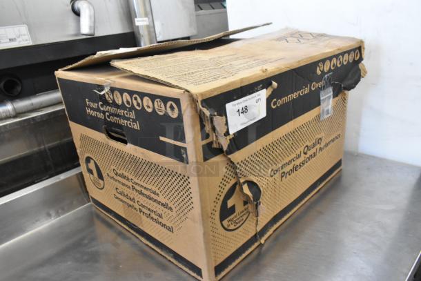 IN ORIGINAL BOX! Amana RMS10DSA stainless steel commercial microwave, 120 volts, shown in slightly damaged box.