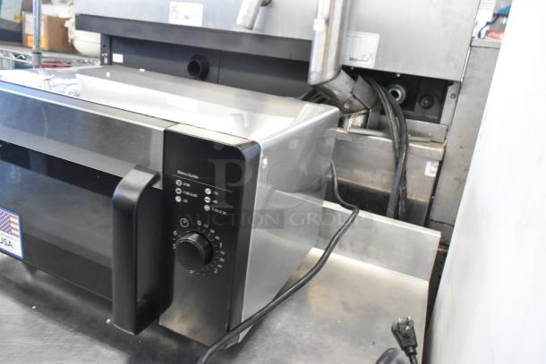 IN ORIGINAL BOX! Amana RMS10DSA Stainless Steel Commercial Microwave Oven, 120V, 1 Phase, featuring a control dial.