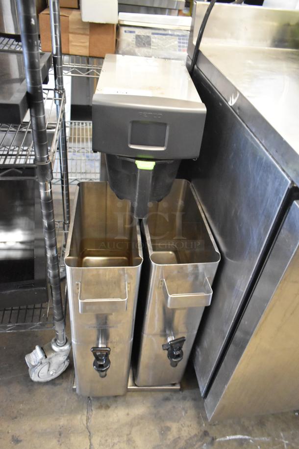 Fetco TBS-2121 stainless steel commercial iced tea machine with dual dispensers, 120 volts, countertop model.
