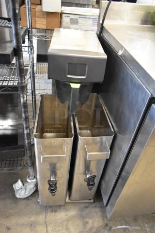 Fetco TBS-2121 stainless steel commercial iced tea machine with dual dispensers, 120 volts, countertop model.