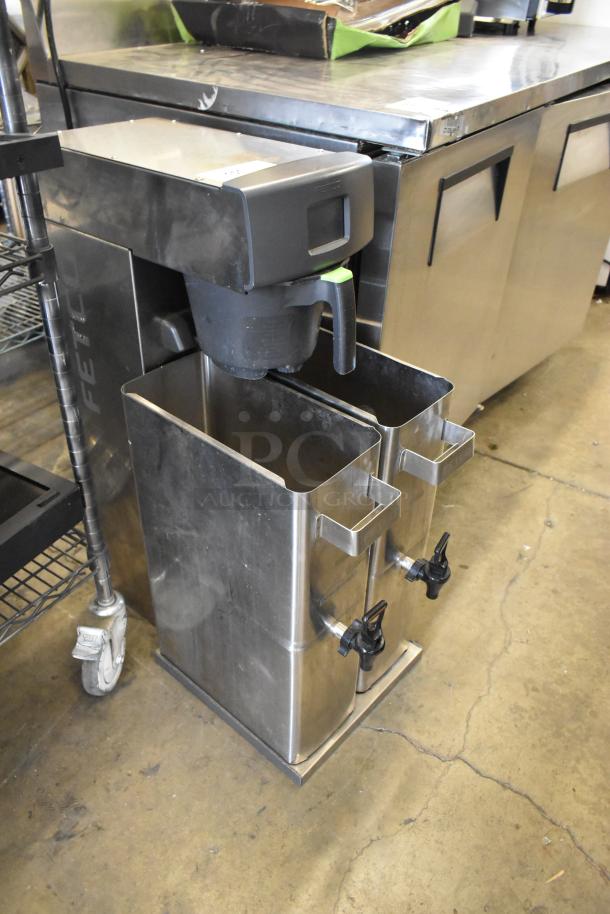 Fetco TBS-2121 stainless steel iced tea machine with 2 dispensers, countertop model, 120 volts, 1 phase, used condition.