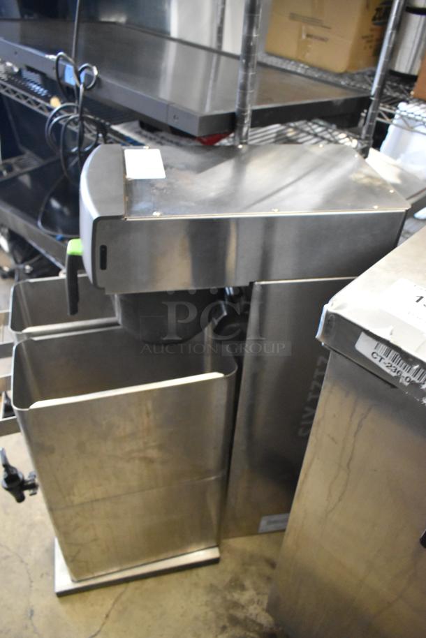 Fetco TBS-2121 stainless steel iced tea machine with two dispensers, 120 volts, countertop model, shown in used condition.