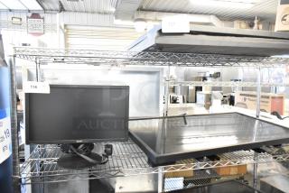 Three electronic items on shelves: Acer computer monitor, Samsung TV, NEC MultiSync V423 monitor. Labels indicate item numbers. Buyer pickup only.