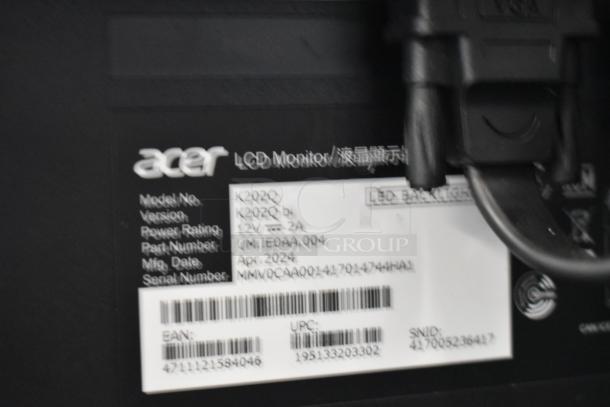 Acer LCD Monitor label showing model K202Q, power rating 12V-2A, manufactured April 2024, with serial number details.