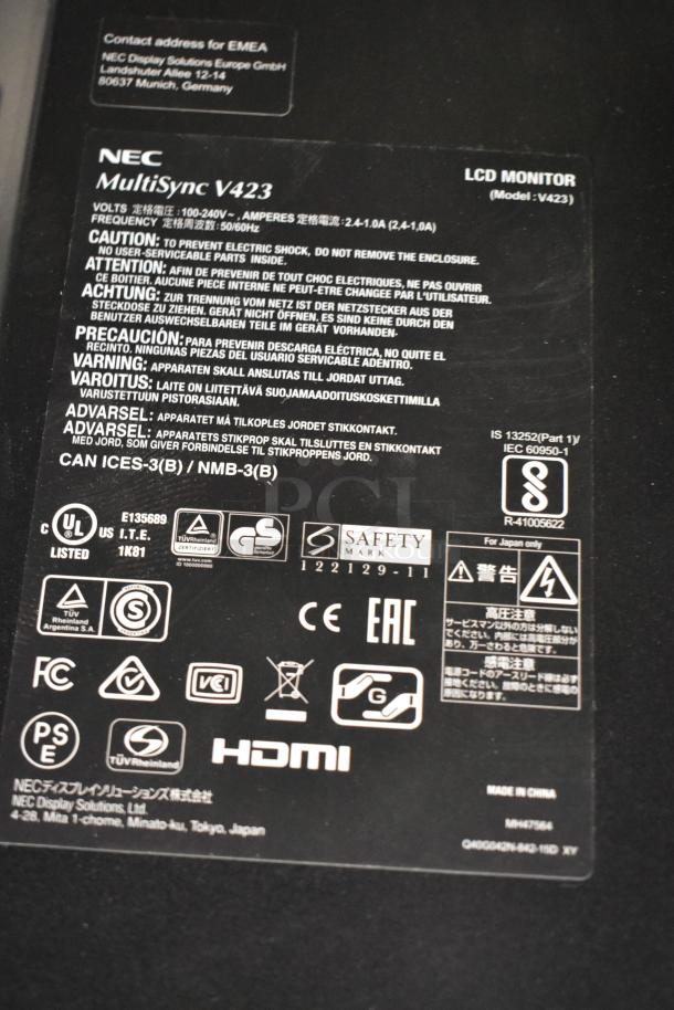 Label on NEC MultiSync V423 Monitor showing model and safety certifications, HDMI compatible, warning messages, and manufacturing details.