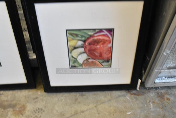 Framed picture of salad featuring cucumbers and cheese, in a black frame with white matting. Good condition, ideal for kitchens.