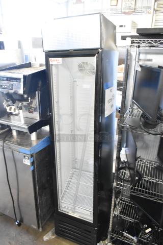 Brand new Galaxy 177GDN5RBB commercial cooler, single door, LED lighting; door does not stay on, dented. 110-120V, 1 phase.