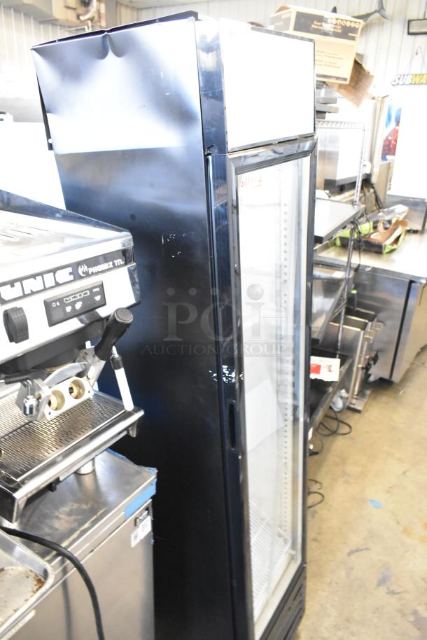 Brand new Galaxy 177GDN5RBB commercial cooler, single door, scratch and dent, LED lighting. Door not functional.