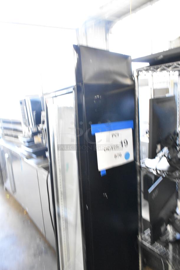 Brand new Galaxy 177GDN5RBB cooler, single door, with red, white, and blue LED lighting. Door issue noted. 110-120V, 1 phase.