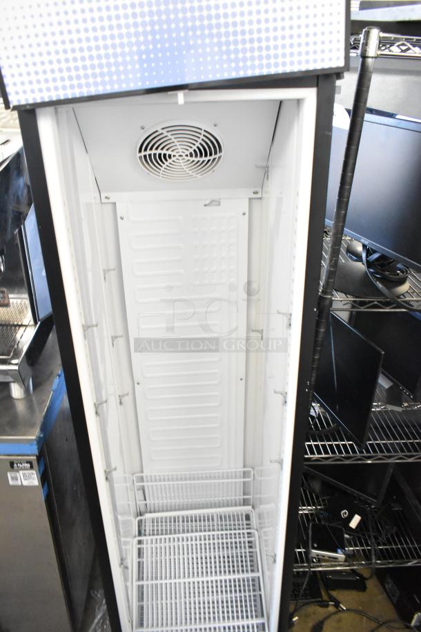 BRAND NEW Galaxy 177GDN5RBB single door cooler, red, white, blue LED lighting, 110-120V, door issue, commercial use.