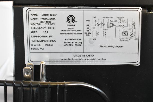 Label on Galaxy 177GDN5RBB cooler indicates model, voltage, amperage, and refrigerant details. Made in China.