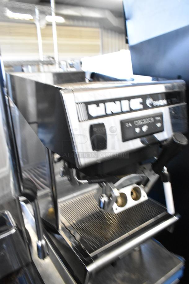 Unic Phoenix-MI stainless steel commercial countertop single group espresso machine, 110V, sleek design, used condition.