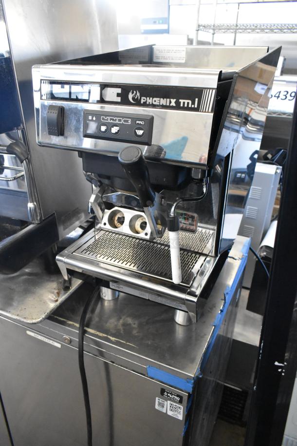 Unic Phoenix-MI stainless steel single group espresso machine, commercial model, 110V, 1 phase, countertop design.