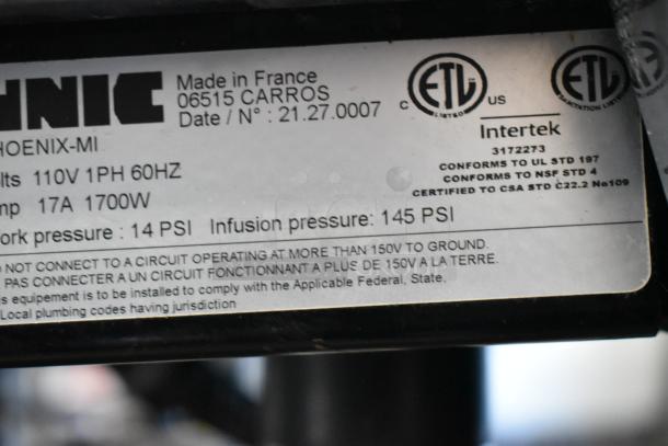 Unic Phoenix-MI espresso machine label showing 110V, 1 Phase, 17A, 1700W, made in France, with ETL certification marks.