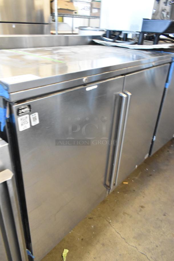 Perlick BR48 stainless steel 2-door undercounter cooler, commercial use, 115 volts, 1 phase, visible labels and handles.