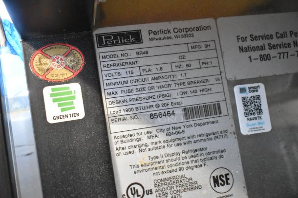 Perlick BR48 Stainless Steel 2 Door Undercounter Cooler label showing model, volts, and serial number details.
