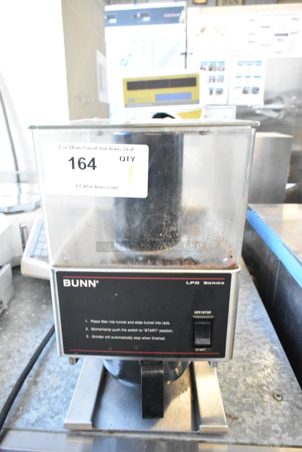 Bunn metal commercial countertop coffee bean grinder, 120 volts, 1 phase. Visible markings include "Bunn LPG Series."