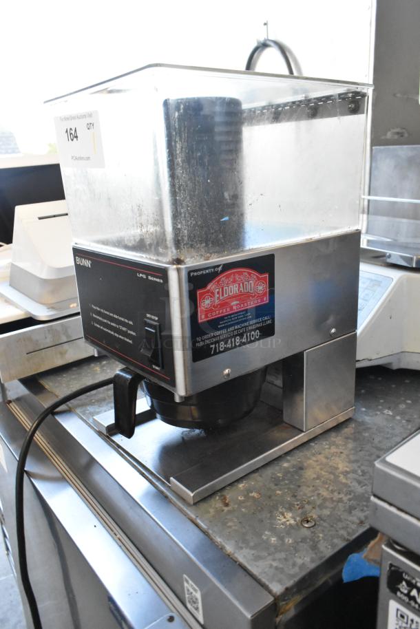 Bunn Metal Commercial Coffee Bean Grinder, 120 Volts, 1 Phase, with Eldorado Coffee Roasters label; countertop model.