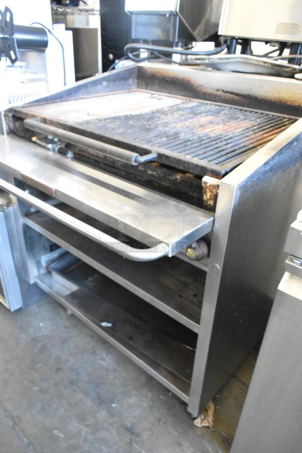 MagiKitch'n 636 stainless steel natural gas charbroiler grill with under shelf, commercial-grade, in used condition.