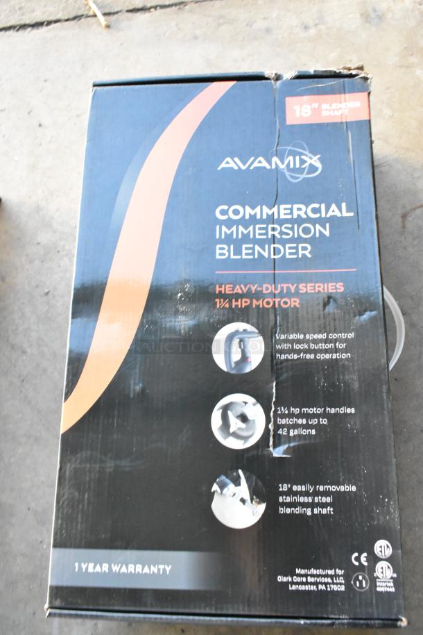 2 New AvaMix 928IBHD18 18" Heavy-Duty Immersion Blenders, 1 1/4 hp, 120V. Box shows features, 1-year warranty.