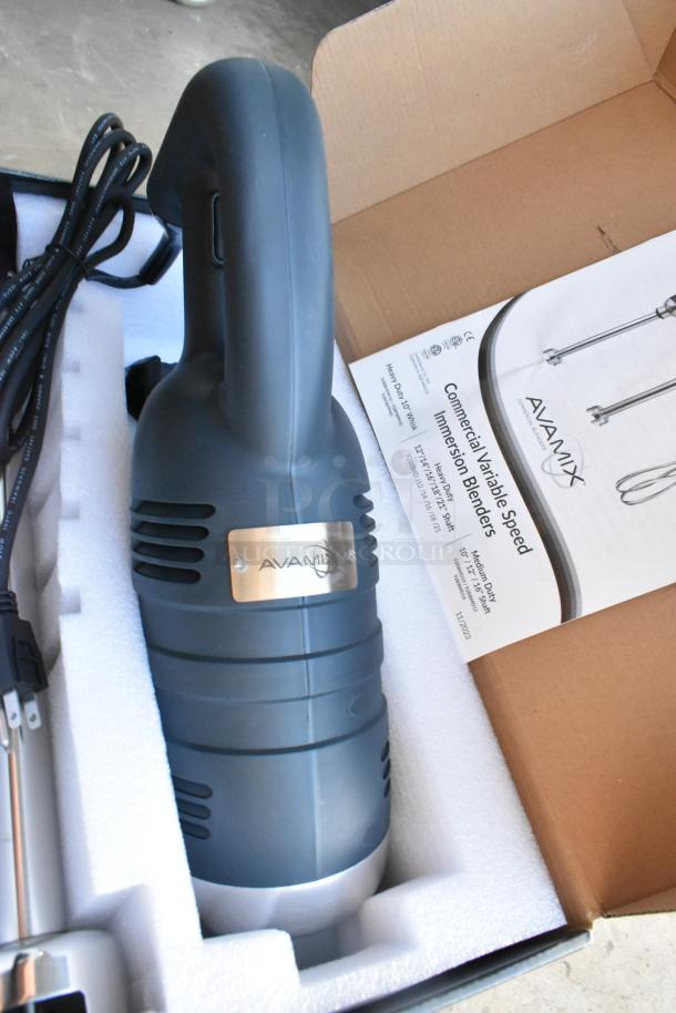 Brand new AvaMix 928IBHD18 18" heavy-duty immersion blender, 1 1/4 hp, variable speed, shown in packaging.