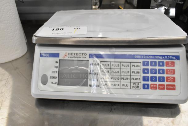 Detecto D60 countertop scale, 60lb/30kg capacity, numeric keypad, function buttons, visible brand and model label, good condition.