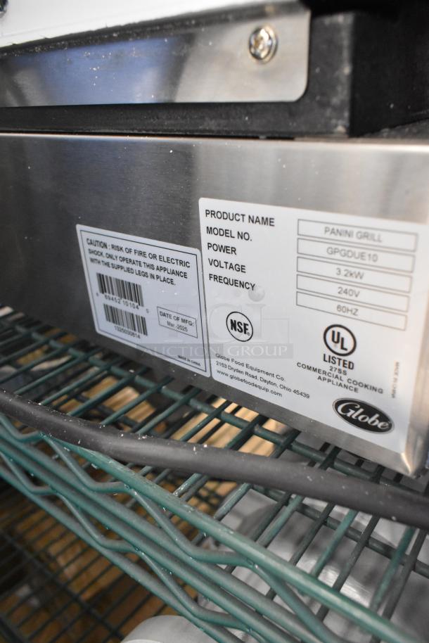 BRAND NEW Globe GPGDUE10 Stainless Steel Double Panini Press, 240V, 1 Phase, 2025 model, intact labels, NSF and UL listed.