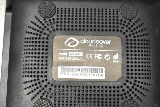 Cloudcover Music G9CX label with CE, FCC, RoHS symbols. Model number and MAC address visible, indicating manufacturing details.