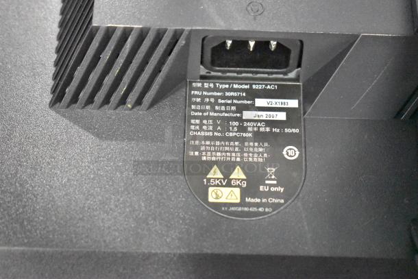 Lenovo monitor model 9227-AC1 label shows FRU 30R5714, serial V2-X1983, made Jan 2007, 100-240VAC, 1.5A, chassis CBPC780K.