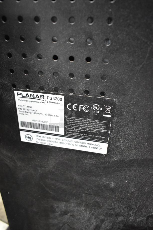 Planar PS4200 television label showing model, power rating, and mercury warning. Buyer must dismantle for shipping.