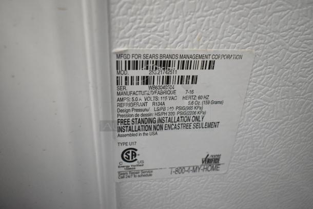 2016 Kenmore 253.21742511 single door freezer label, 115 volts, 1 phase, model and manufacturing details visible.