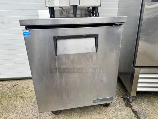 True single door undercounter refrigerator TWT-27-HC on casters, 115V, stainless steel, tested and working condition.