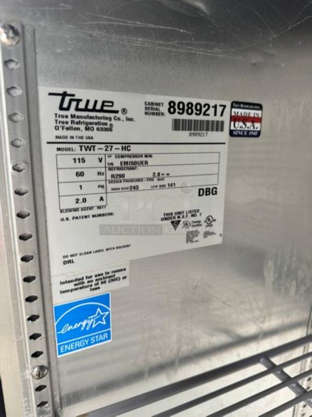 TRUE single door undercounter refrigerator model TWT-27-HC, 115V, tested and working, Energy Star rated, on casters.