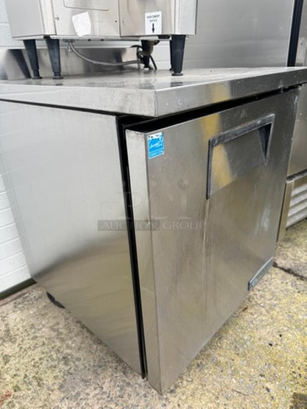 TRUE single door undercounter refrigerator, model TWT-27-HC, on casters, 115V, stainless steel, tested and working.