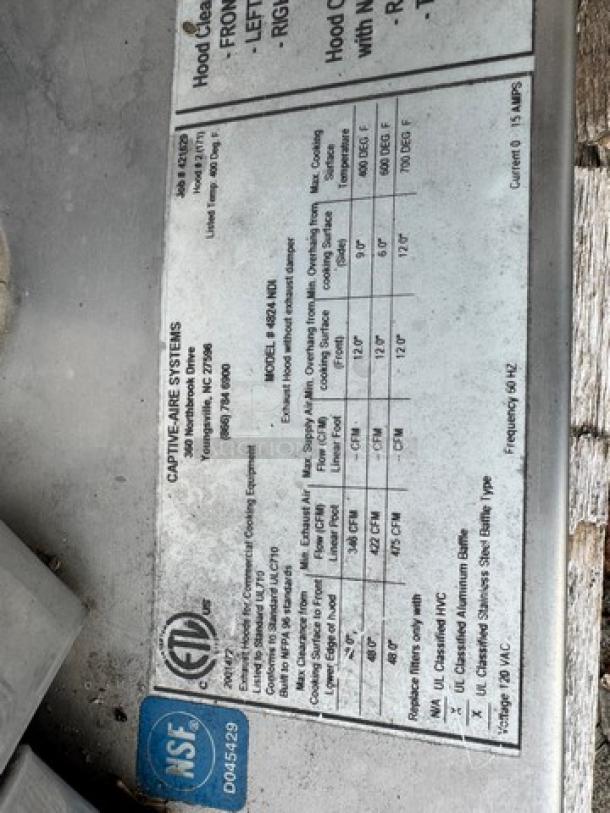 Captive-Aire Systems 4824 NDI 66" commercial island exhaust hood. Includes return air filters. Model details visible.