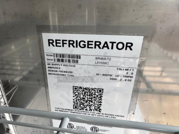 Hoshizaki SR48A-12 Sandwich Table label with model, serial number, voltage, amperes, pressure, and refrigerant type.
