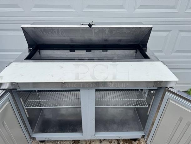Hoshizaki SR48A-12 two-door sandwich table on casters, stainless steel, 115V, tested and working, open doors and lid.
