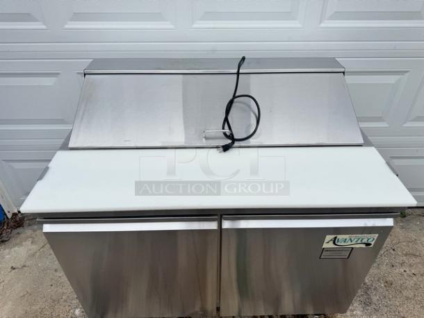 AVANTCO 2 Door Sandwich Table, model 178SCL2, on casters, stainless steel, 115V, tested and working, with brand label.