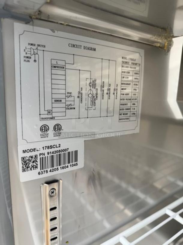 AVANTCO 2 Door Sandwich Table, model 178SCL2, 115V, on casters, tested and working, circuit diagram and labels visible.
