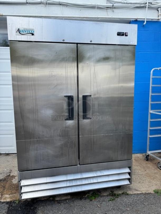 AVANTCO 2 Solid Door Refrigerator, Model 178A49RHC, on casters, 115V, stainless steel, tested and working condition.